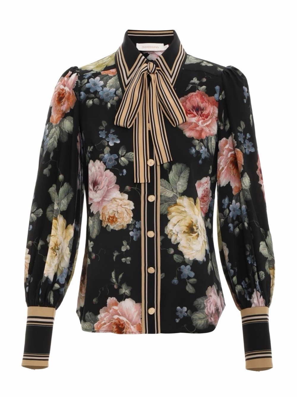 Zimmermann Black Floral Tie-Neck Blouse with Pink & Cream Blooms